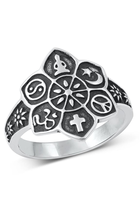 Lotus Flower Religious Symbols Ring .925 Coexist Sterling Silver Band Jewelry Female Male Size 11