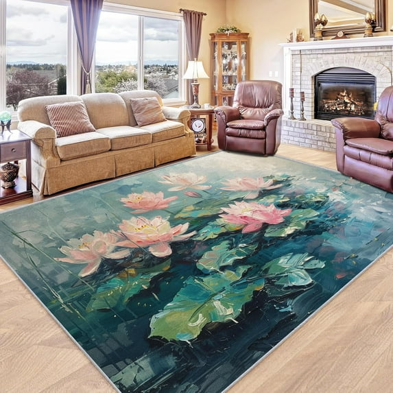 Lotus Flower Rug Washable Lotus Leaf Rugs For Living Room Bedroom, Lotus Pond Area Rug For Home Decor, Non Slip Backing Floor Carpet 2x3ft
