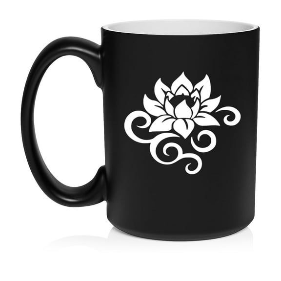 Lotus Flower Scroll Ceramic Coffee Mug Tea Cup Gift for Her, Him, Friend, Coworker, Wife, Husband (15oz Matte Black)