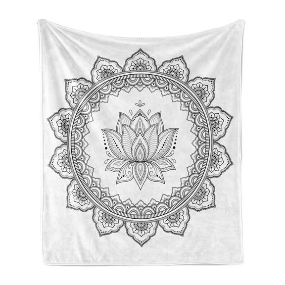 Lotus Flower Soft Flannel Fleece Throw Blanket, Round Concept in the Form of a Mandala with a Flower in the Middle, Cozy Plush for Indoor and Outdoor Use, 50" x 60", Charcoal Grey White, by Ambesonne
