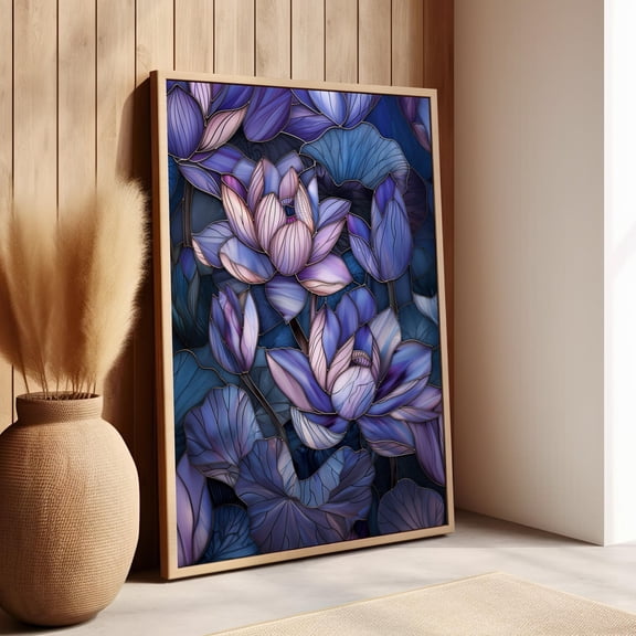 Lotus Flower Stained Glass Style Artwork Poster Blue Purple Lotus Flower Wall Artabstract Flower Art Botanical Art Print , Poster Only