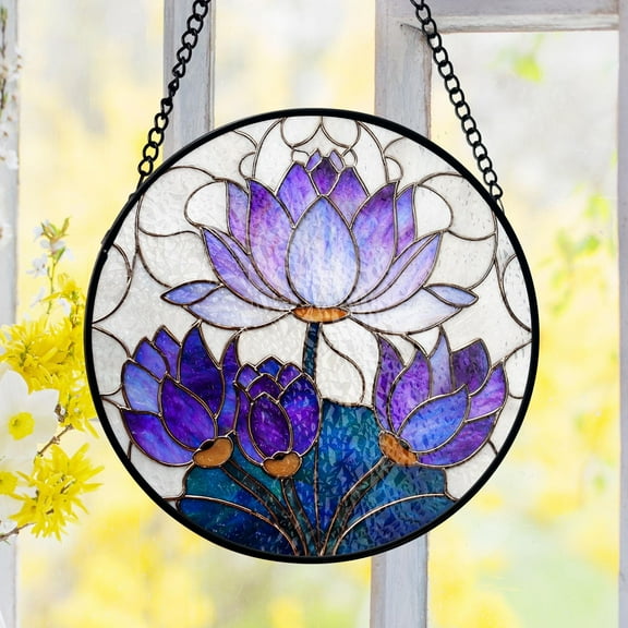 Lotus Flower Stained Glass Suncatcher, Purple Bloom Panel, Zen Window Decor, Boho Floral Style, Gift for Mom, Yoga Studio Accent