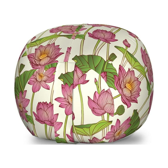 Lotus Flower Storage Toy Bag Chair, Graphic Ornament Pattern with Pink Lotus Blossoms and Buds, Stuffed Animal Organizer Washable Bag, Large Size, Pink Ivory and Green, by Ambesonne