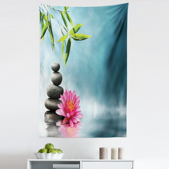 Lotus Flower Tapestry, Theme Lily Lotus Flower and Rocks Yoga Style Purifying Your Soul Theme, Fabric Wall Hanging Decor for Bedroom Living Room Dorm, 5 Sizes, Blue Pink Green, by Ambesonne