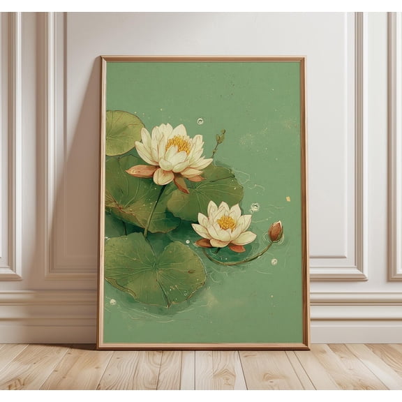 Lotus Flower Tranquil Water Lily Wall Art Botanical Zen Home Decor, Unframed Poster