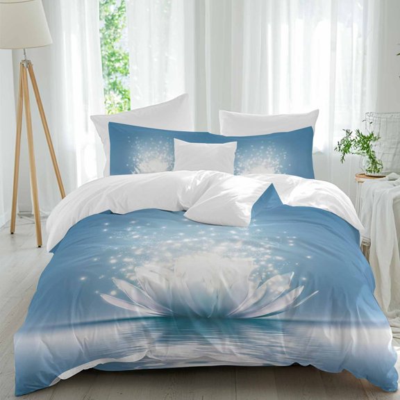 Lotus Flower Twin Duvet Cover Set, Zen Spiritual Meditation Blue Lotus Floral Bloom in Blue Lake 4 Piece Microfiber Bedding Set with Zipper Closure, Bed Sheet and 2 Pillow Shams, Soft Bedding Cover