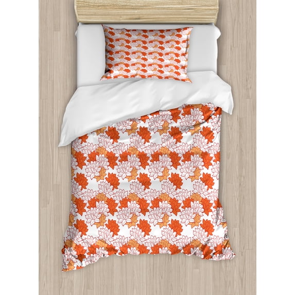 Lotus Flower Twin Size Duvet Cover Set, Abstract Lily Blossoms in Warm Colors Zen Garden Feng Shui, Decorative 2 Piece Bedding Set with 1 Pillow Sham, Vermilion Pale Orange and Red, by Ambesonne