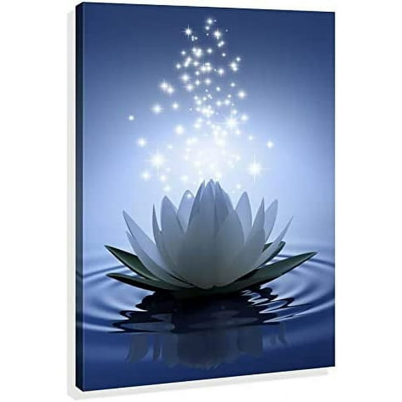 Lotus Flower Wall Art for Bathroom Blue Spiritual Meditation Picture Prints White Floral Abstract Canvas Artwork Relax Poster Ready to Hang with Gallery Wrapped (Lotus Flower Blue,12"x18"