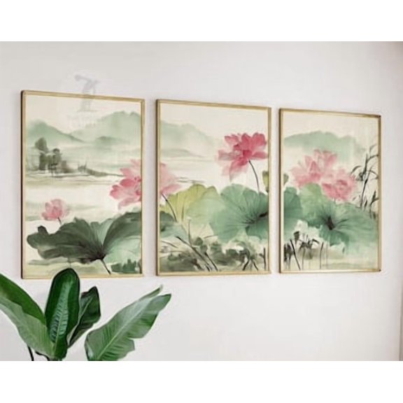 Lotus Flower Wall Art, Japanese Ink Painting Prints, Zen Botanical Artwork, Calm Nature Wall Decor for Living Room, Poster Only