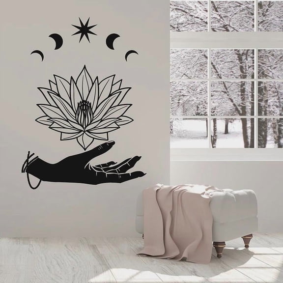 Lotus Flower Wall Decal Hand Moon Spa Yoga Studio Relax Meditation Room Interior Decor Vinyl Window Stickers Art Wallpaper 57x78cm