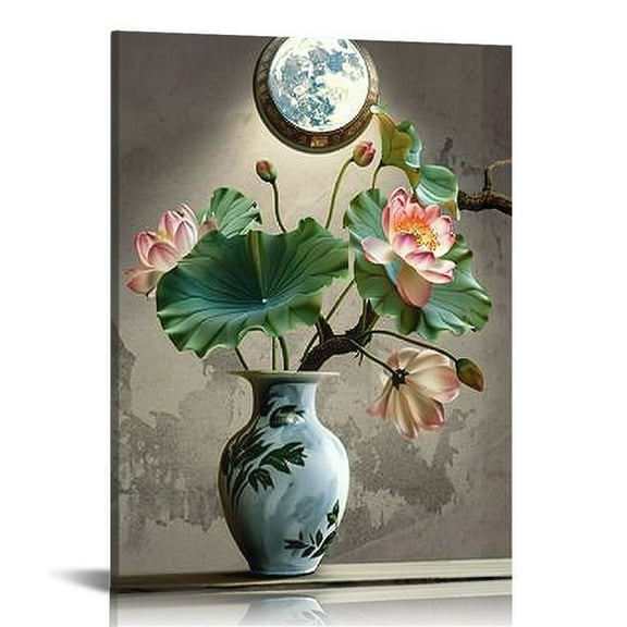 Lotus Flower Wall Decor Oriental Asian Wall Art for Modern Home Bedroom Bathroom Office Spiritual Meditation Room Decoration Chinese Painting Canvas Prints Framed Artwork Ready to Hang 16x20 in