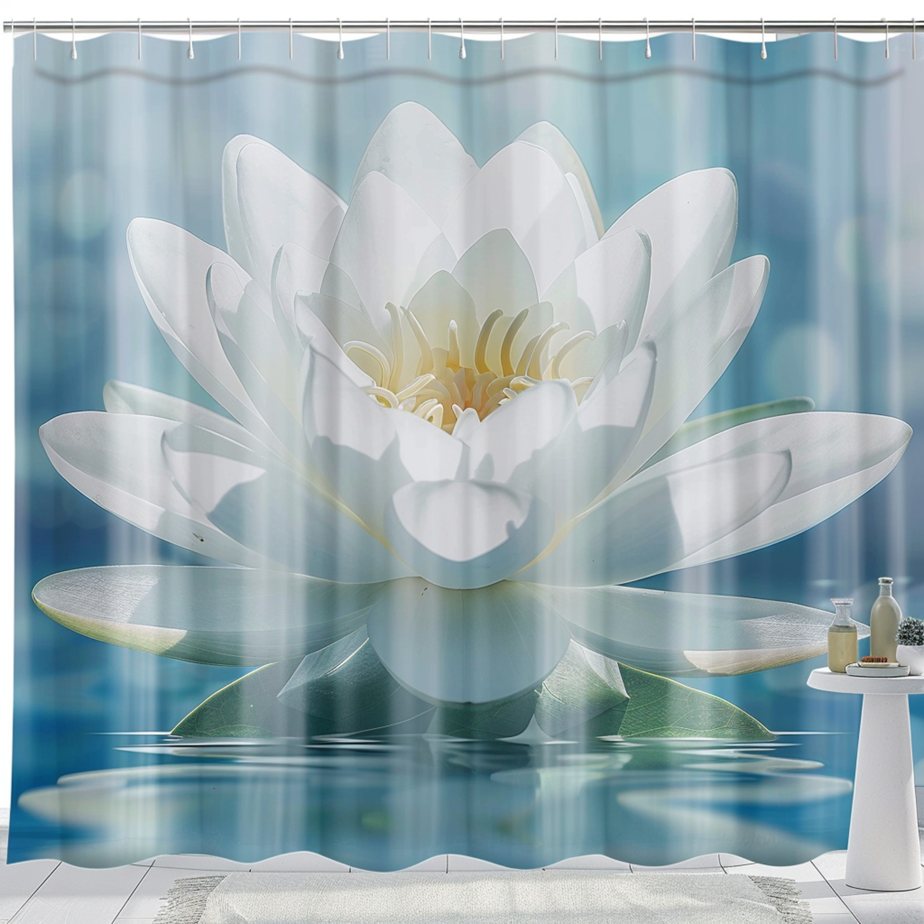 Lotus Flower Water Lily Shower Curtain Soft Blue Background Symmetrical