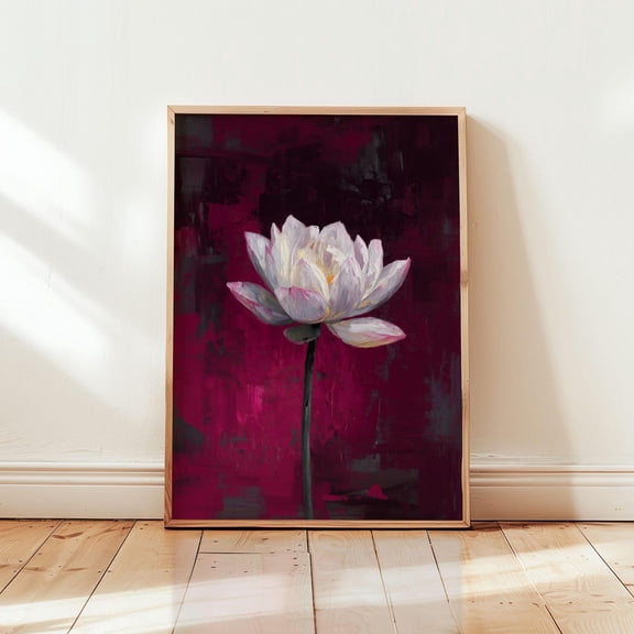 Lotus Flower White Bloom Burgundy Wall Art Botanical Home Decor Unframed Paper Print