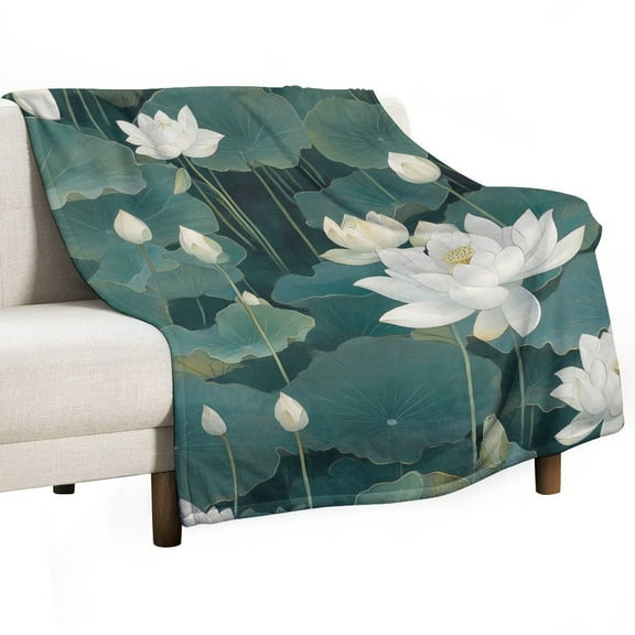 Lotus Flower White Floral Super Soft Blanket Christmas Throw Blanket Flannel Microfiber Blankets for Couch Bed Sofa Fluffy and Warm 30"x40"