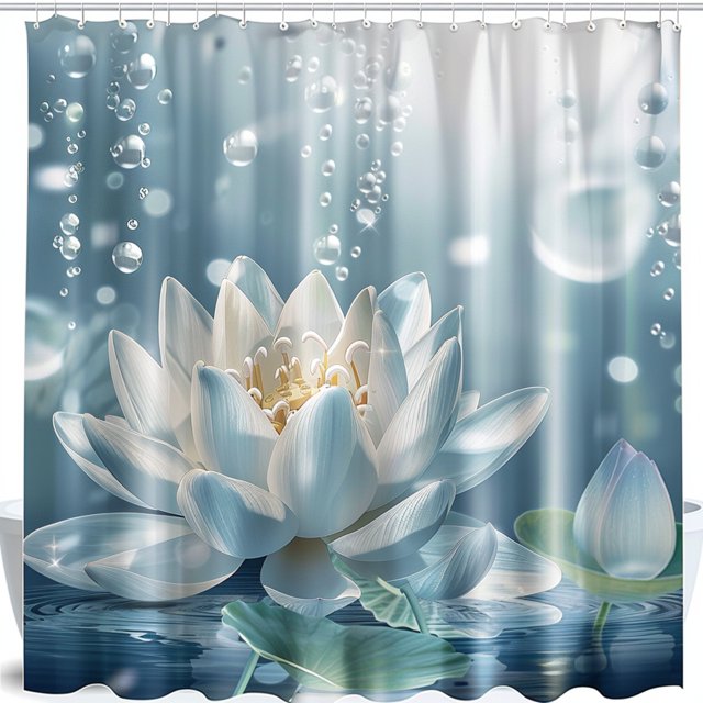 Lotus Flower White & Light Blue Shower Curtain 20th Century Chinese Art