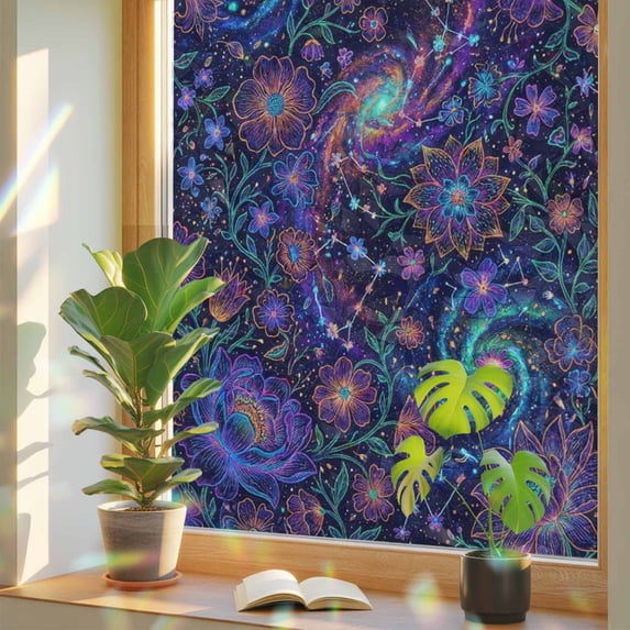 Lotus Flower Window Privacy Film, Retro Abstract Blue Purple Floral Leaf Stars Black Stained Glass Rainbow Film Decorative Window Clings, Static Cling Sun Blocking Stickers 23.6" x 59"