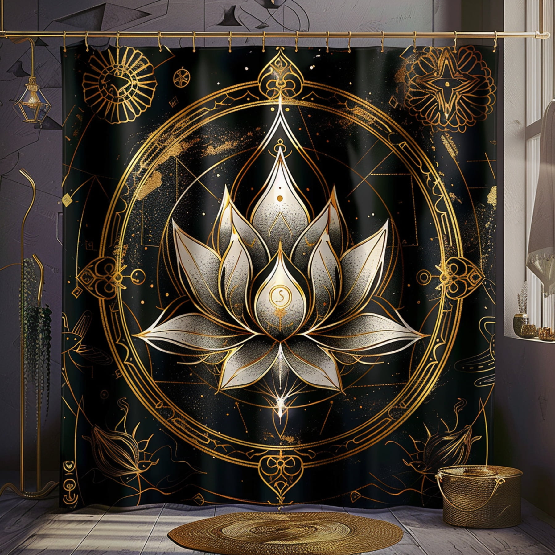 Lotus Flower and Esoteric Symbol Design Shower Curtain Mystical Spiritual Detailed Hyper