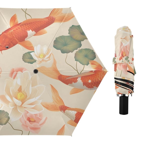 Lotus Flower and Fish Compact Sun Umbrella Windproof Travel Umbrellas for Rain Strong Portable UV Protection