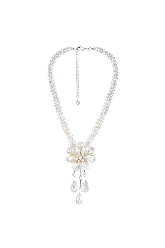 Lotus Flower of the Ocean White Pearl and Seashell Floral Statement Necklace