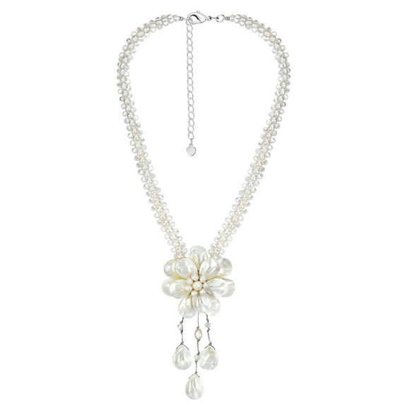 Lotus Flower of the Ocean White Pearl and Seashell Floral Statement Necklace