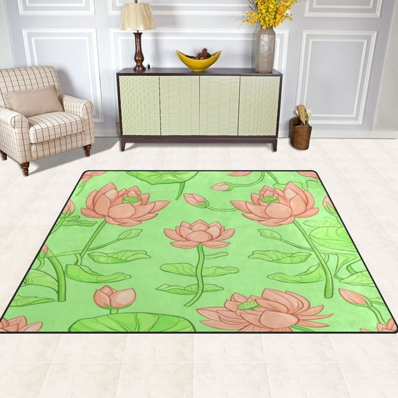 Lotus Flowers 63''x48'' Plush Memory Foam Bath Mat, Soft, Absorbent, Non Slip, Durable