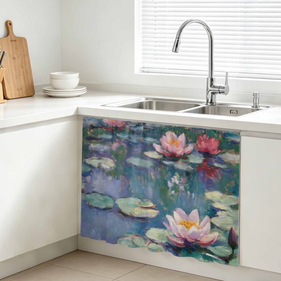 Lotus Flowers Cabinet Curtains for Kitchen 10"W x 11"L, Rustic Pink Floral Green Floating Pads Oil Painting Under Sink Skirt Magic Tape Short Curtain Decorative Privacy Panel for Bathroom Laundry