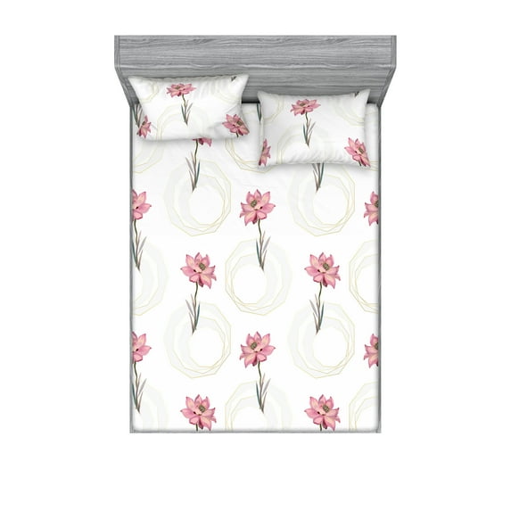 Lotus Flowers Fitted Sheet & Pillow Sham Set, Modern Design Simple Boho Floral with Polygonal Shapes on Plain Backdrop, Decorative Printed 3 Piece Bedding Decor, King, Ivory Pale Pink, by Ambesonne