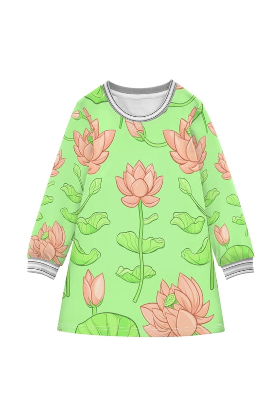 Lotus Flowers Girls'long-sleeved dress Thickened A-dress Warm Dress Basic Shirt Party Dresses