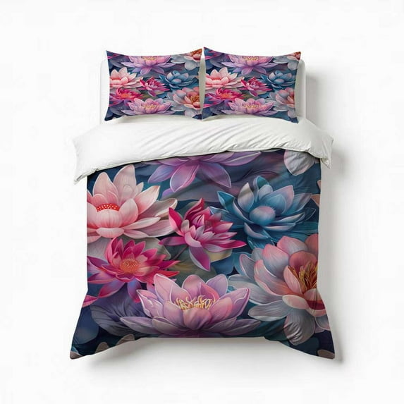 Lotus Flowers Nelumbo Nucifera Bedding Set 3 Pcs Soft Microfiber Quilt Cover For Bedroom Decor, Comforter Cover With 2 Pillowcase
