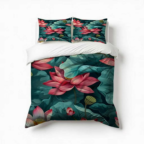 Lotus Flowers Nelumbo Nucifera Bedding Set 3 Pcs Soft Microfiber Quilt Cover For Bedroom Decor, Comforter Cover With 2 Pillowcase