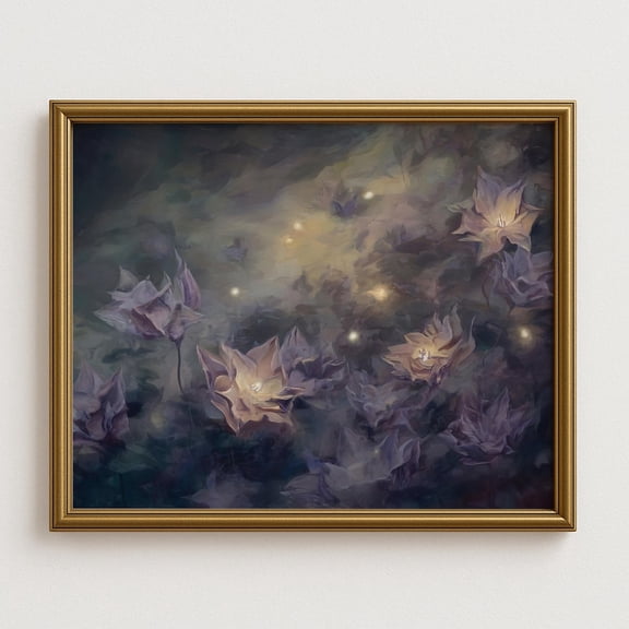 Lotus Flowers At Night Wall Art, Mystical Fantasy With Firefly Glow, Dreamy For Boho Cottage Decor Home Decor UNFRAMED Poster, Wall Art for Decor, Present, 8x12