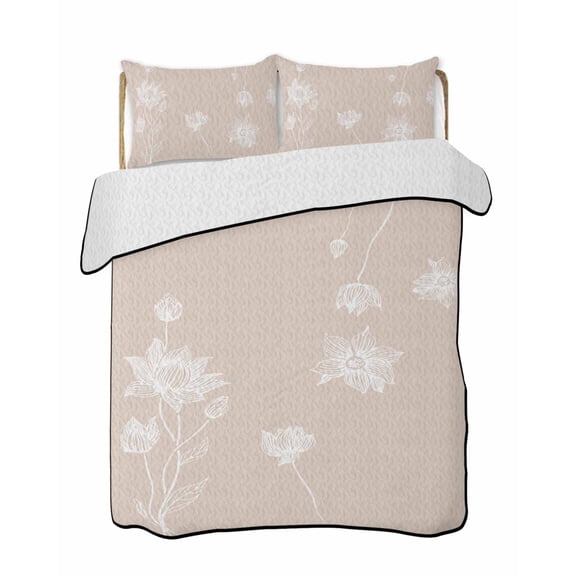 Lotus Flowers Quilts Bedding Set Twin Size Abstract Flower Harmony Floral Beige Lightweight Quilted Bedspread 3 Piece Bed Quilt with 2 Pillow Shams All Season for Bedroom 68" x 86"