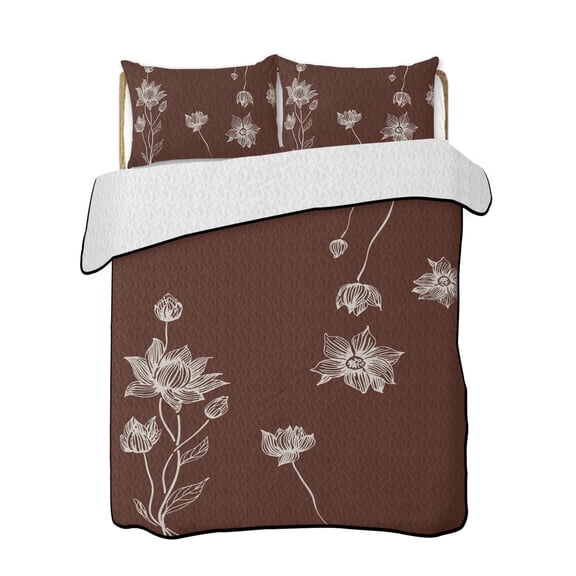 Lotus Flowers Quilts Bedding Set Twin Size Abstract Flower Harmony Floral Dark Brown Lightweight Quilted Bedspread 3 Piece Bed Quilt with 2 Pillow Shams All Season for Bedroom 68" x 86"