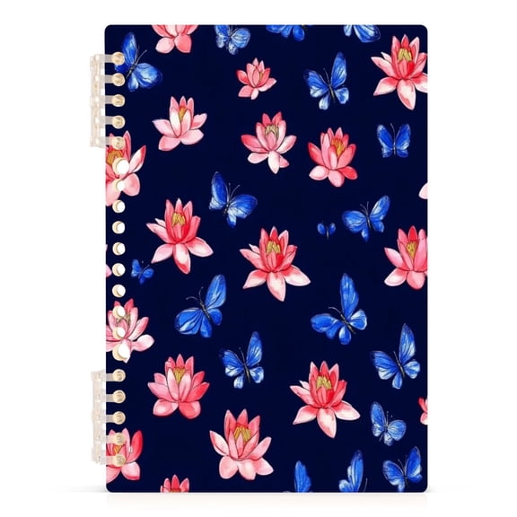Lotus Flowers and Blue Butterflies A5 8.3x5.7in PP Notebook, Adjustable Rings, 60 Sheets, Diary or Journey Note