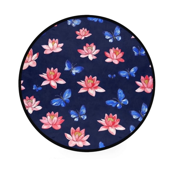 Lotus Flowers and Blue Butterflies Memory Foam Bath Mat 36" Absorbent Rug with Non Slip Base and 4 Bonus Pads