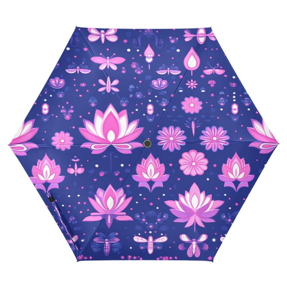 Lotus Flowers and Dragonfly Folding Umbrella UV50+ Waterproof Sun Protection Auto Open Close Compact Fiberglass Frame