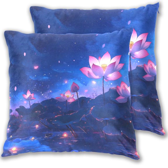 Lotus Flowers in Moonlight Throw Pillow Covers 16x16 Inch 2 Packs Decorative Square for Living Room Couch Bed Sofa