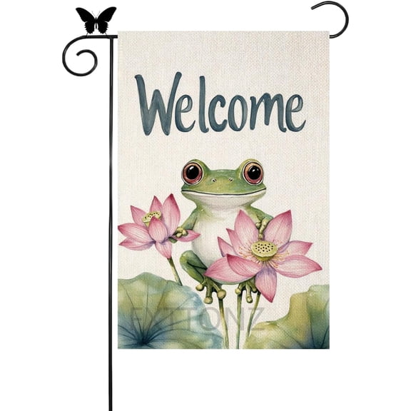 Lotus Frog Garden Flags 12x18 Inch Double Sided Welcome Yard Flags Small Outdoor Garden Decor for Spring Summer Farmhouse Holiday (20416)