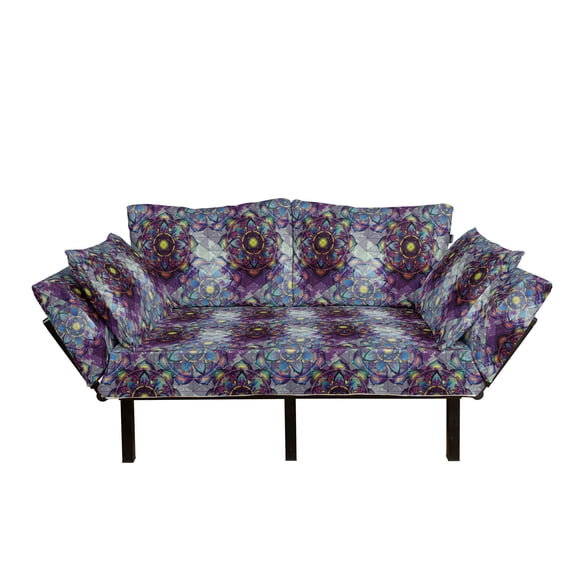 Lotus Futon Couch, Psychedelic Surreal Geometry Mandala Background Futuristic Effects Print, Daybed with Metal Frame Upholstered Sofa for Living Dorm, Loveseat, Multicolor, by Ambesonne