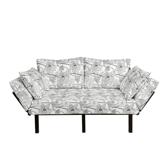Lotus Futon Couch, Sketch Style Illustration Flowers Japan Monochrome Prosperity, Daybed with Metal Frame Upholstered Sofa for Living Dorm, Loveseat, Black White, by Ambesonne