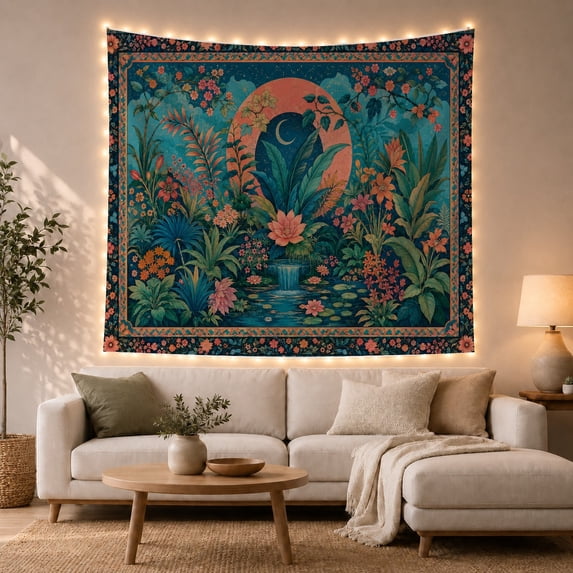 Lotus Garden Beneath a Crescent Moon with Waterfall, Dreamy Fantasy for Plant Lovers, Botanical Wall Art, Housewarming Gift, Tapestry Wall Hanging for Bedroom and Living Room