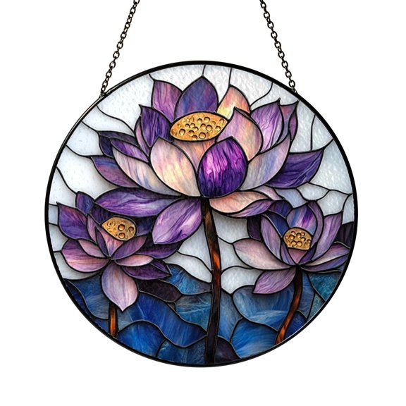 Lotus Garden Bloom Cluster Stained Glass Style Window Suncatcher Decor, Calming Meditation Floral Art Gift