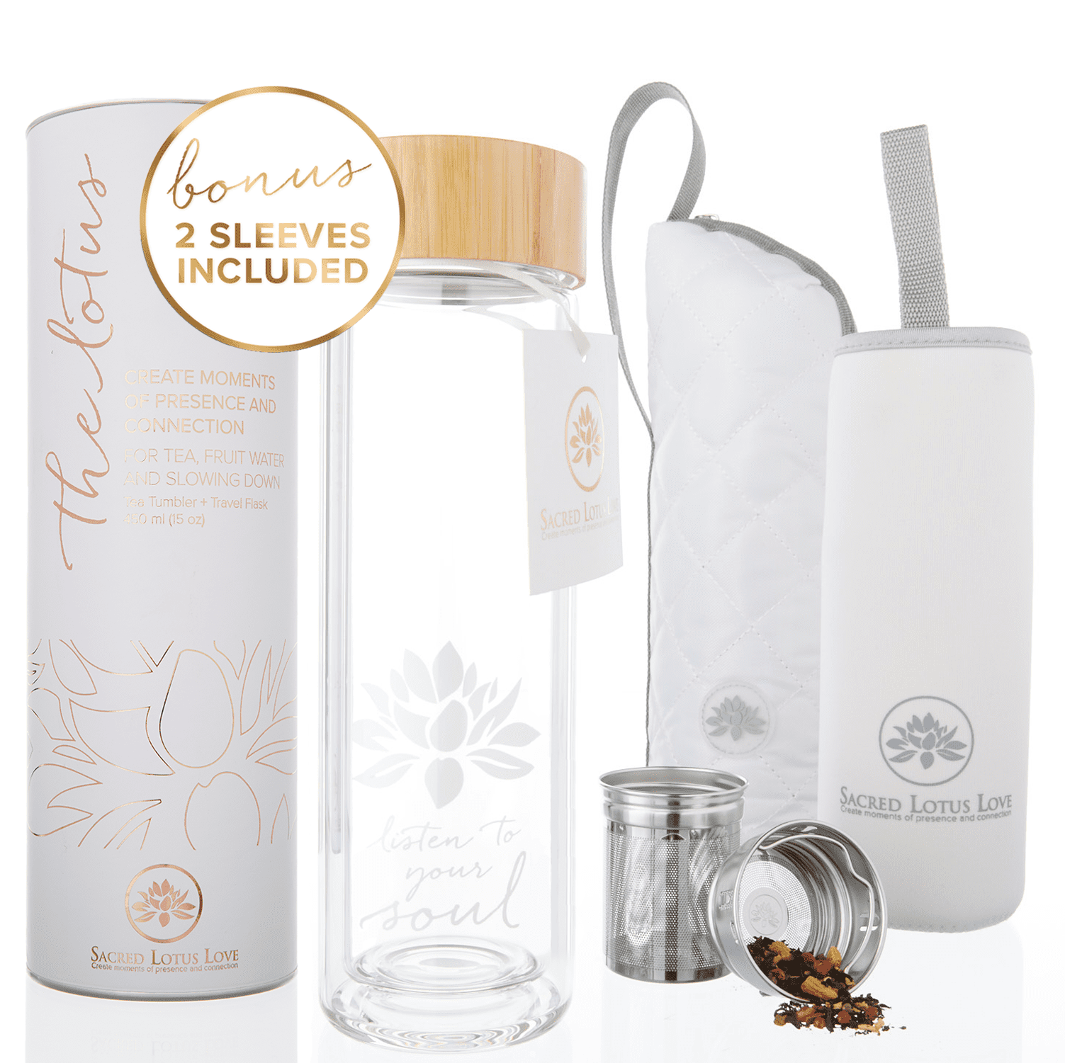 The Lotus Glass Tea Bottle Tumbler with Strainer & Infuser Basket for Loose Leaf Tea. Leak-Proof Lid. BPA Free. Double-Walled Glass Travel Tea Cup. 15 ounces