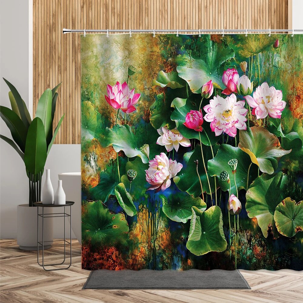 Lotus Green Leaf Pink Flower Bathroom Shower Curtain Scenery Oil