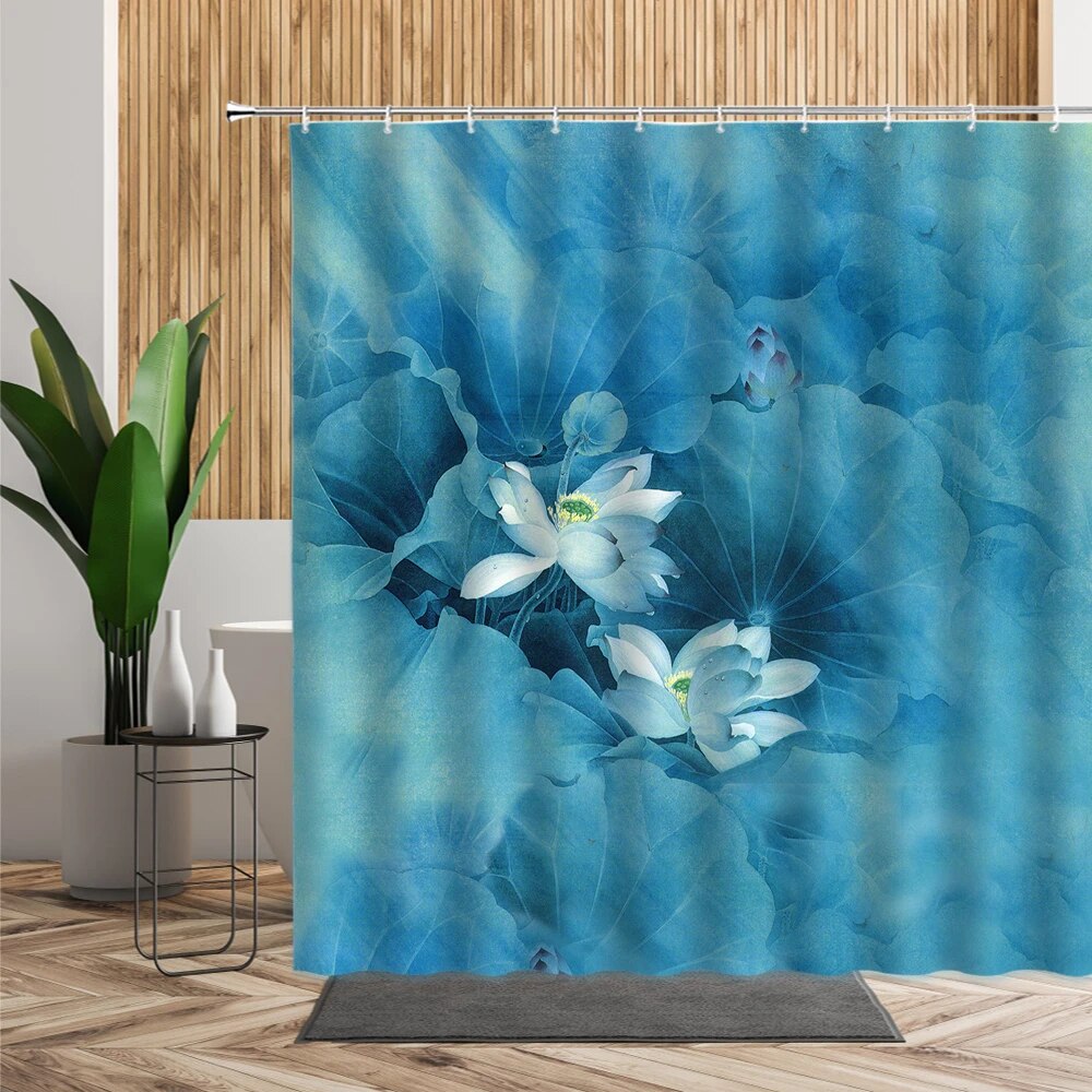 Lotus Green Leaf Pink Flower Bathroom Shower Curtain Scenery Oil