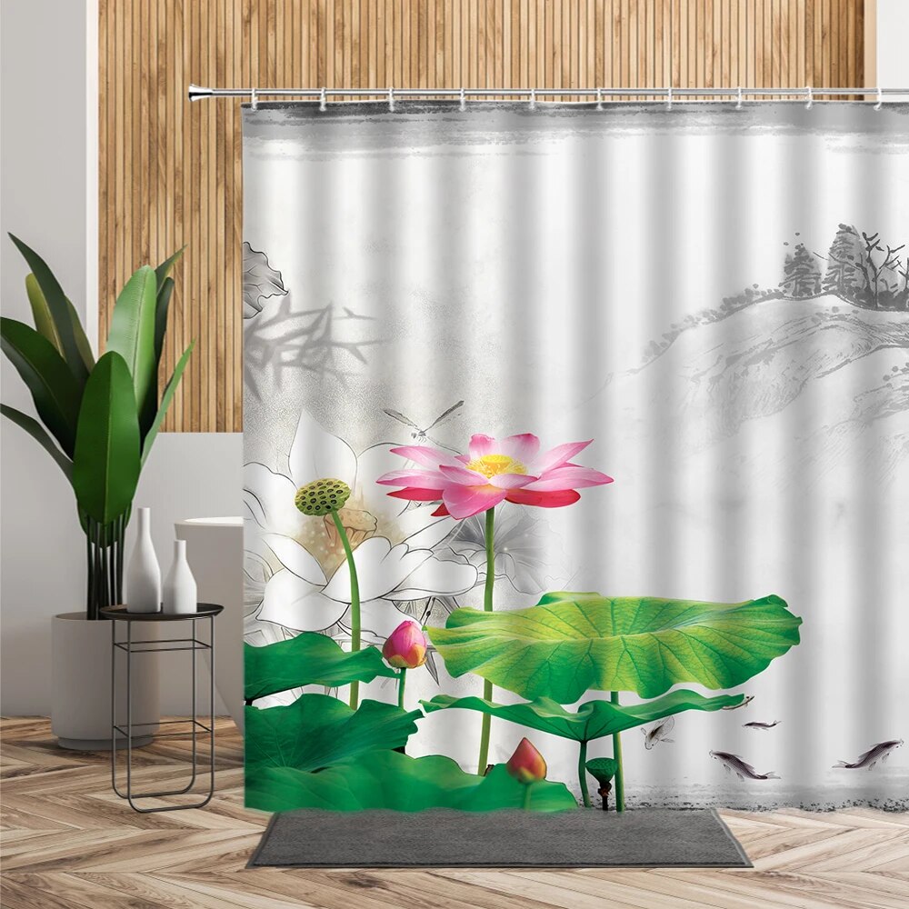 Lotus Green Leaf Pink Flower Bathroom Shower Curtain Scenery Oil