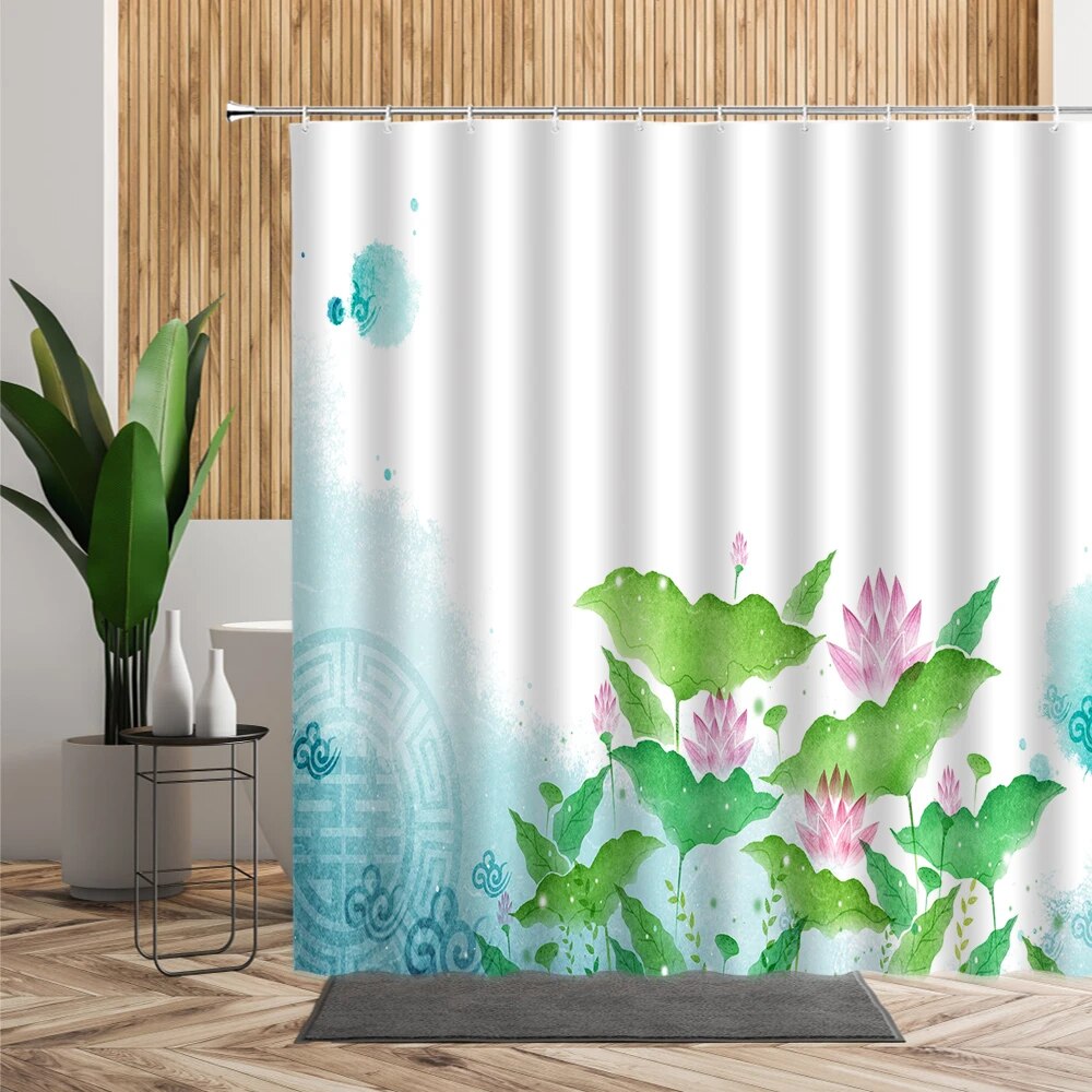 Lotus Green Leaf Pink Flower Bathroom Shower Curtain Scenery Oil