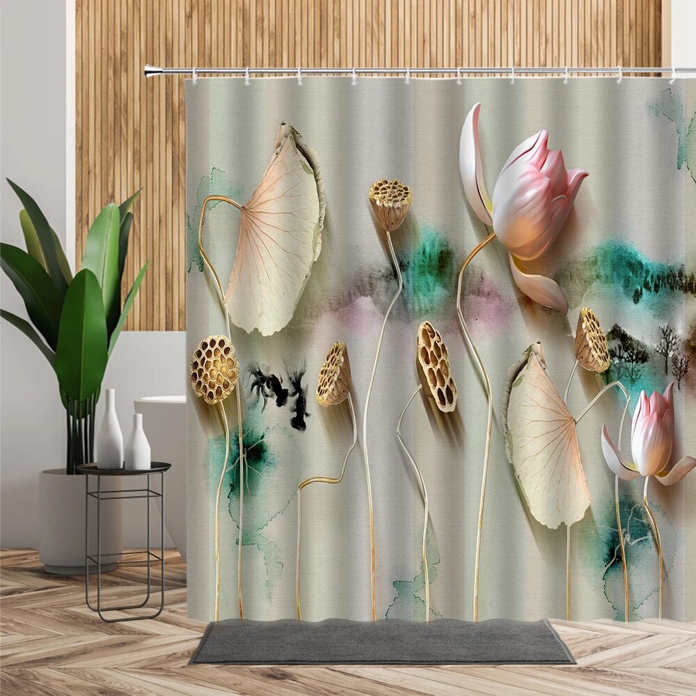 Lotus Green Leaf Pink Flower Bathroom Shower Curtain Scenery Oil