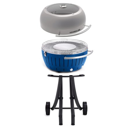 Lotus Grill Deep Blue Smokeless Barbecue for Outdoor Dining with Glass Lid Cover and Stand