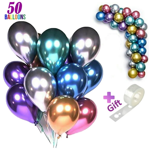 Lotus Home Latex Silver Metallic Decorations 12 in Balloons with Strip, 50 Piece